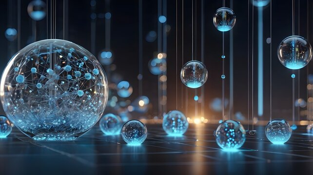 Glowing blue glass spheres floating above digital grid floor 3D render technology background for corporate stock photo presentation website background header element