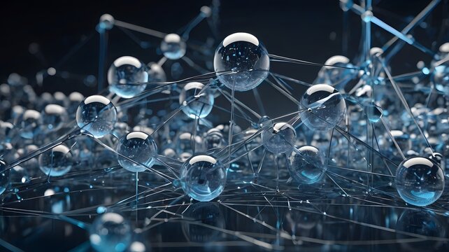 Transparent crystal sphere network web 3D render macro background technology research concept for corporate stock photo presentation website background header element