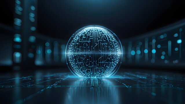 Futuristic digital network sphere glowing with blue tech light in server room background 3D render for corporate stock photo presentation website background header element