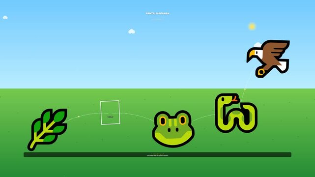 Animated cartoon eagle flying over frog and snake on green field, bright sky background