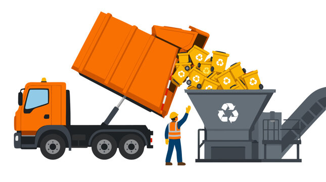 Orange garbage truck tipping yellow recycling bins into a gray industrial recycling plant hopper with a worker in safety gear, vector illustration of waste management and sustainability.