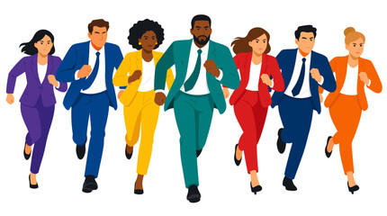 Fototapeta premium Diverse Group of Business Professionals in Colorful Suits Running Forward with Determined Expressions, Multi-ethnic Team of Men and Women Sprinting Together Towards Success, Vector Illustration