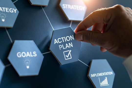 A businessman places an action plan hexagon on a board to build a business strategy. This visualizes success, goal setting, and corporate project management.