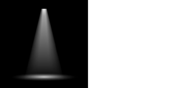 Illuminated vertical spotlight overlay effect on transparent background. Bright studio light beam with oval floor reflection. Stage lighting
