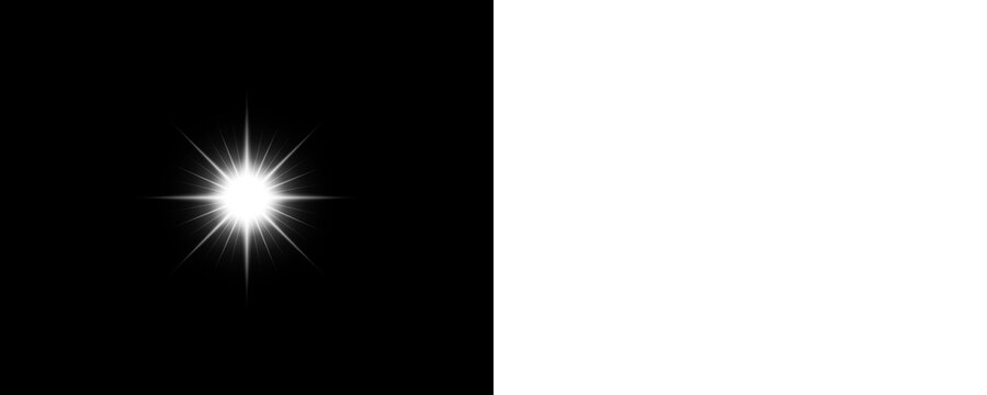 White shining star effect isolated on black and transparent background. Glowing sparkle light with rays. Bling overlay