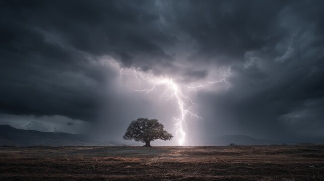 Solitary Tree Struck by Lightning During Intense Storm