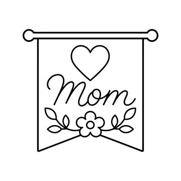 Black outline mom flag banner with heart and flower, isolated on transparent.