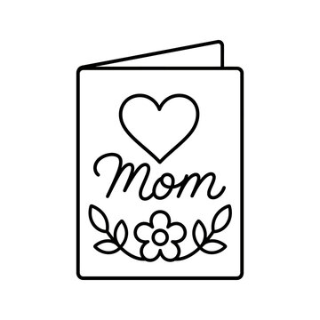 Black outline mom heart and flower greeting card, isolated on transparent.