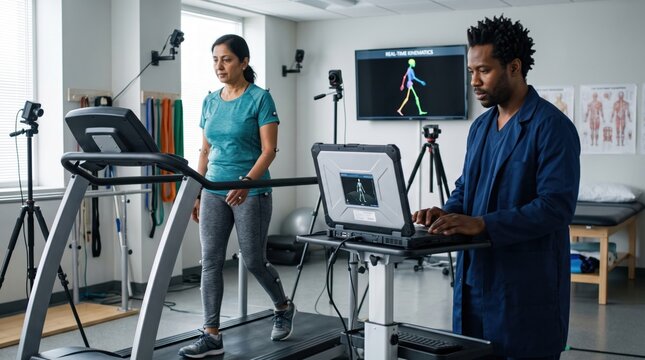 Doctor conducting gait analysis test on female patient walking on treadmill in modern biomechanics lab. Concept of motion, capture, medical, assessment, physical therapy, motion capture.