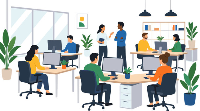 Modern Open Plan Office Vector Illustration Featuring a Diverse Professional Team Working at Desks with Computers, Collaborating in a Bright Workspace with Indoor Plants and Large Windows.