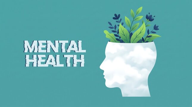 Conceptual illustration of mental health featuring a human head silhouette with green leaves growing out of the open brain