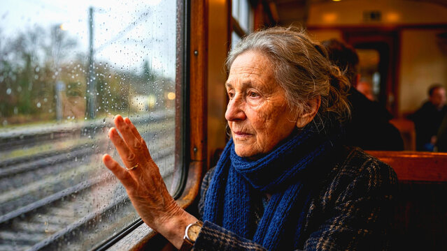 Senior woman looking out of a train window on a rainy day