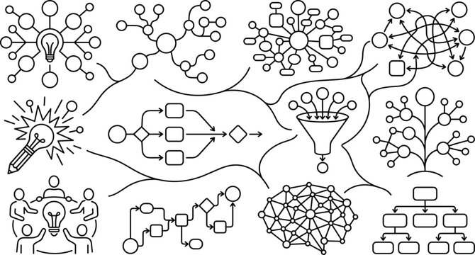 Creative Brainstorming Mind Map and Idea Generation Line Icon Set Featuring Business Process Flowcharts and Data Mapping Diagrams for Project Planning and Presentation Layouts