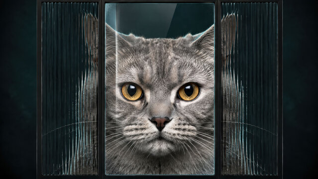Silver Gray Cat Portrait Behind Three Glass Panels