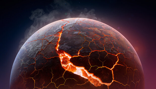 A dark, cracked planet with glowing lava and smoke rising from its surface, depicting a catastrophic or volcanic event.