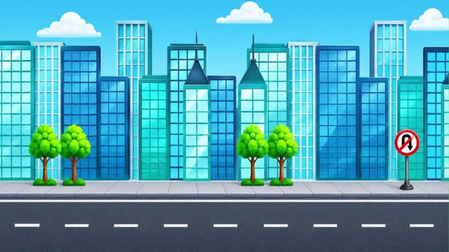 Animated cartoon cityscape with modern skyscrapers trees 