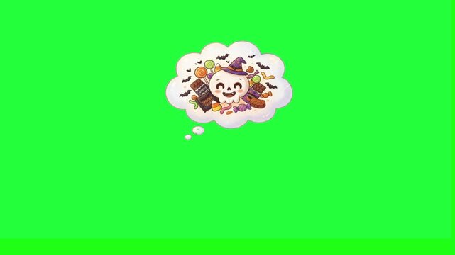 Cute halloween skull dreaming of candy treats and bats on green sweets