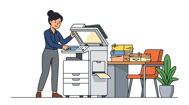 Female office worker operating white photocopier with stacks of colorful folders and documents beside her, bold flat illustration for business concepts