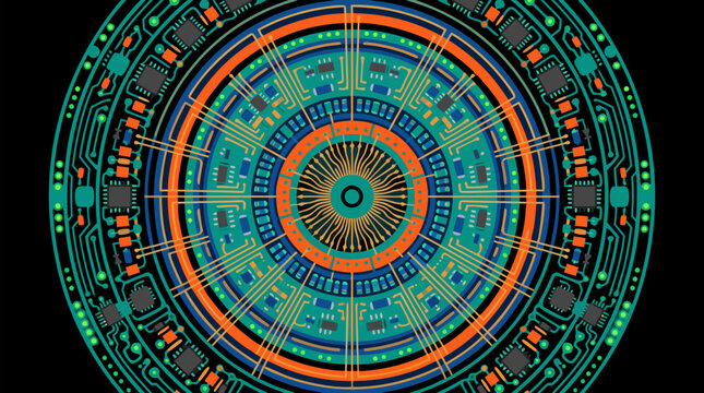 Circular motherboard wheel with concentric circuit traces radiating soldered components and microchips, neon orange and teal mandala tech design, seamless vector illustration on black background