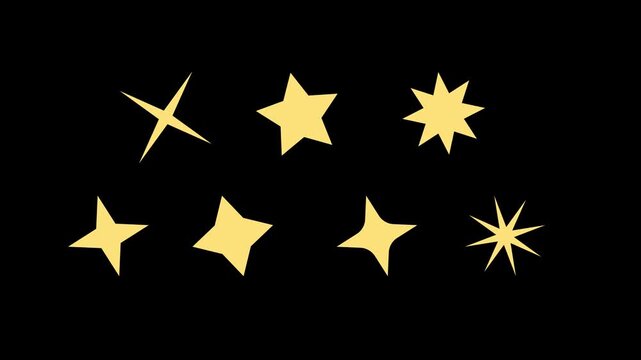 Golden rotating stars vector animation. Sparkling star icons black background. Celebratory video concepts.