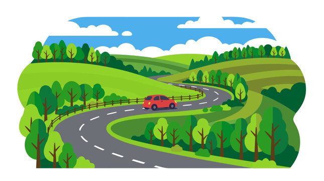 Flat color vector illustration of a red car traveling on a winding road through a picturesque landscape of rolling green hills, vibrant trees, and a clear blue sky with fluffy white clouds.