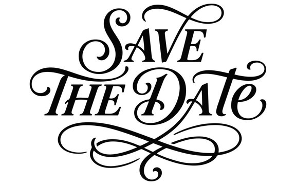 Elegant black typography design featuring the phrase save the date with decorative swirls isolated on a clean white background surface