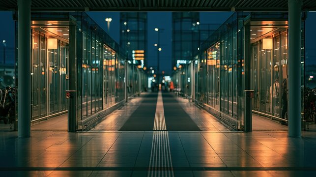 Airport terminal night architecture, multiple glass jetways with warm light, leading lines and spatial rhythm