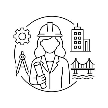Civil engineer woman line icon showing architecture and infrastructure.