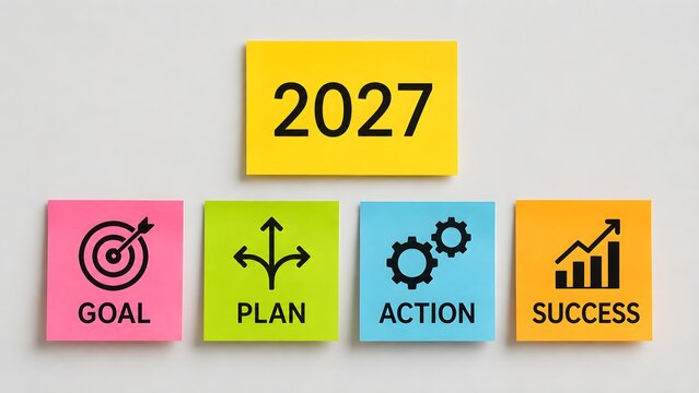 Strategic business planning framework for 2027 with colorful sticky notes illustrating goal setting, action planning and success visualization