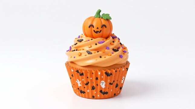 A delicious halloween cupcake with orange frosting and a cute smiling pumpkin decoration for a festive holiday treat