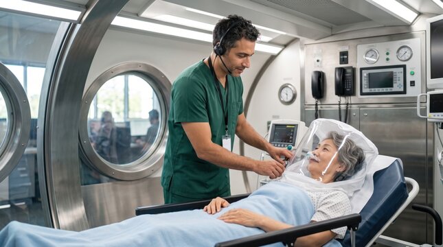 Doctor assisting senior patient inside hyperbaric oxygen chamber during medical therapy treatment. Concept of hyperbaric medicine.