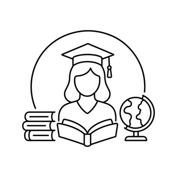 Female student icon with graduation cap and open book for education.
