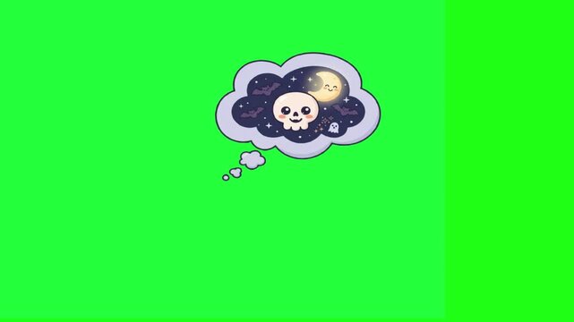 Cute cartoon skull dreaming of halloween night moon bats ghost