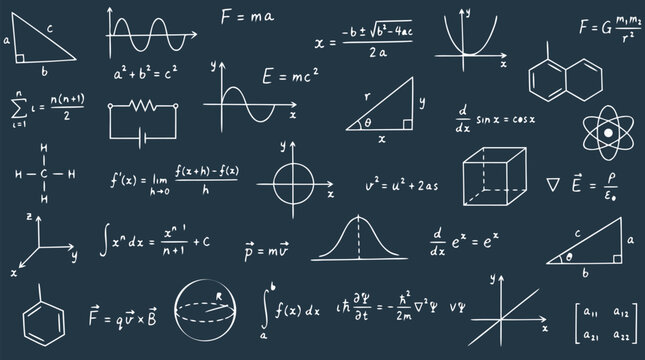 Seamless Chalkboard Pattern with White Scientific Formulas, Graphs, Equations, Calculations, Geometric Shapes, and Atomic Diagrams