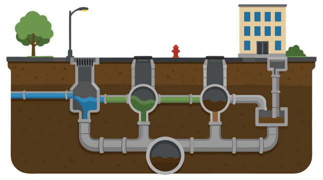 Cross-section vector illustration of underground city drainage sewer pipe network beneath street level showing manholes fire hydrant street lamp tree and building in flat bold cartoon style