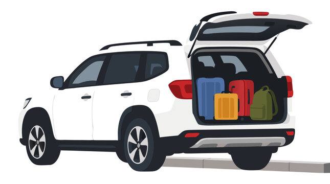 White SUV parked at curb with open trunk loaded with colorful suitcases and backpack, flat vector illustration of family travel getaway, luggage storage vehicle graphic for trip and vacation design