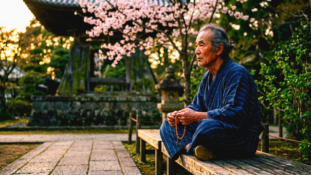 Elderly man sitting on a bench in a Japanese garden with cherry blossoms