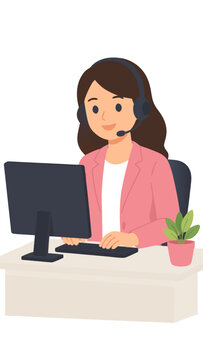 Professional female customer service representative wearing a headset and pink blazer, working at a clean white desk with a computer monitor and keyboard, friendly call center agent vector.