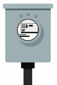 Hand-drawn vector illustration of a water meter reader box with circular digital display dial, shown mounted on a post in muted teal and grey tones, isolated on white background
