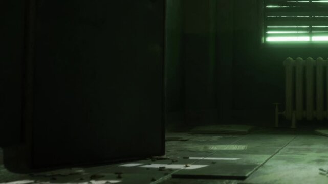 A dimly lit room shows a large dark object standing against a wall with scattered papers on the floor. A window lets in dull green light, hinting at neglect.