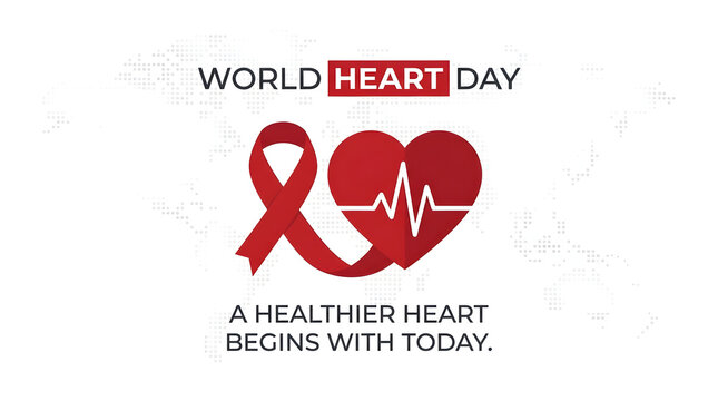 World heart day banner featuring red heart illustration and heartbeat ecg rhythm line