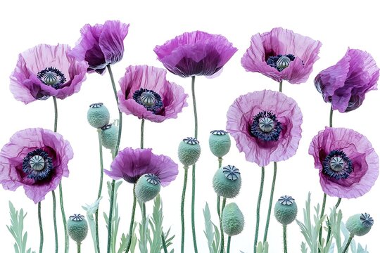 Beautiful purple poppy flowers and seed pods isolated on white background