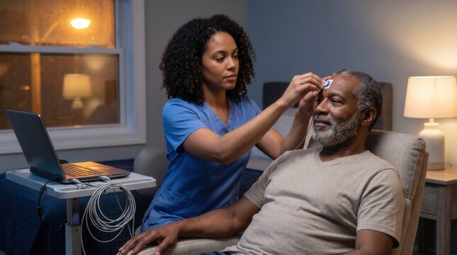 Female Nurse Attaching Sensors to Senior Patient for Home Polysomnography Sleep Study. Concept of medical, home health care. Copy space.