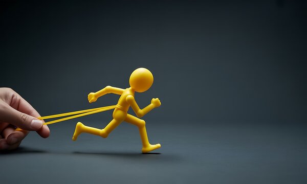 Yellow toy figure running while held back by a rubber band