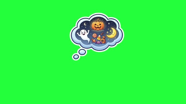 Halloween thought bubble with ghost pumpkin candy moon night sky 