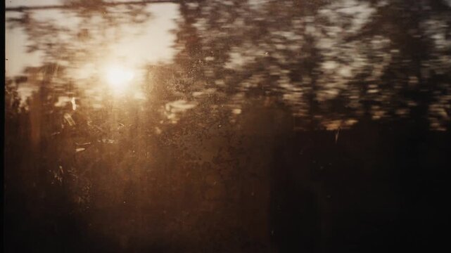 Scenic train window view traveling through countryside at sunset