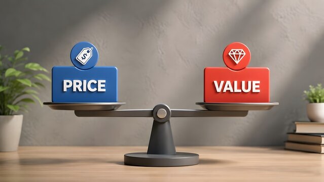 Price and value balance scale concept representing business investment and financial evaluation