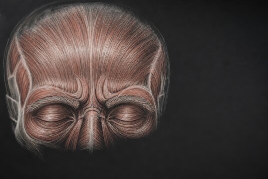 Facial Muscle Anatomy Illustration of Human Head on Dark Background