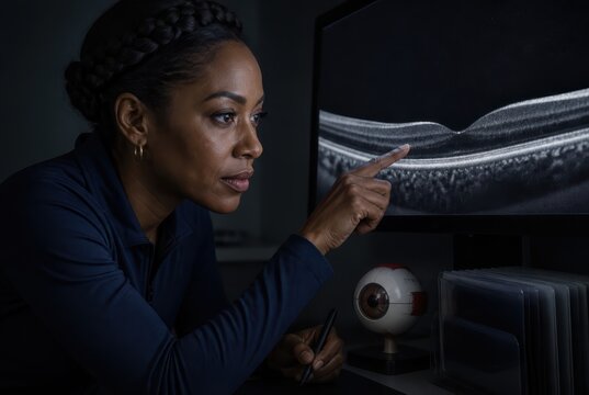 Optometrist reviewing retinal scan in a dark clinic office