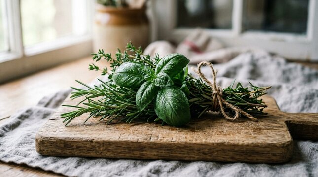 Fresh bundle of basil, rosemary, and thyme tied with twine resting on rustic wooden cutting board with water droplets in kitchen